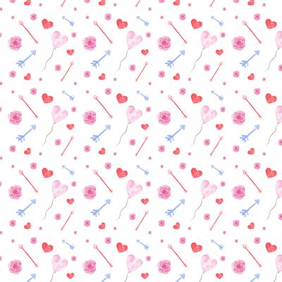 Cute Valentine's Day Pattern With Heart, Ballon, Roses And Arrow