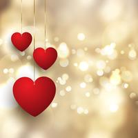 Valentine's Day background with hanging hearts on bokeh lights design vector