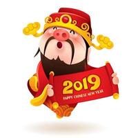 Chinese God of Wealth with a pig nose holds 2019 sign vector