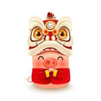 Little Pig with Chinese New Year Lion Dance Head vector