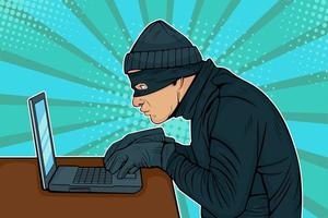 Caucasian hacker thief hacking into a computer vector