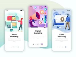 Set of onboarding screens user interface kit for Video, Email, Digital Marketing, mobile app templates concept. Modern UX, UI screen for mobile or responsive web site. Vector illustration.