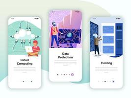 Set of onboarding screens user interface kit for Cloud Computing, Protection, Hosting, mobile app templates concept. Modern UX, UI screen for mobile or responsive web site. Vector illustration.