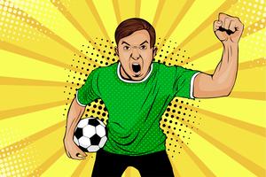 Joven feliz fanático del fútbol estilo pop art vector