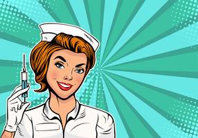 Beautiful nurse with a syringe for vaccination Pop art retro style vector