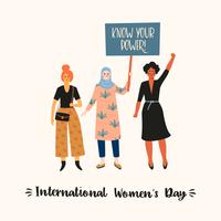 Día Internacional de la Mujer. Ilustración vectorial con mujeres de diferentes nacionalidades y culturas. vector