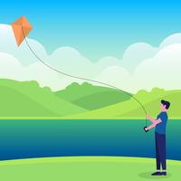 Boy Playing Kite Vector Illustration