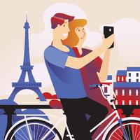 Happy Couple Selfie by Smart Phone in Paris with Eiffel Tower vector