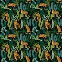 Vestor seamless pattern with leopards and tropical leaves. vector