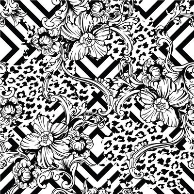 Eclectic fabric seamless pattern. Animal and geometric background with baroque ornament