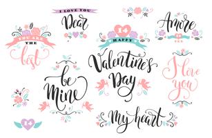 Feliz día de San Valentín. Conjunto de inscripciones dibujadas a mano. vector