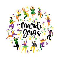 Mardi Gras. Vector illustration of funny dancing men and women in bright costumes