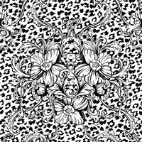 Eclectic fabric seamless pattern. Animal background with baroque ornament. vector