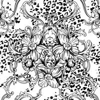 Eclectic fabric seamless pattern. Animal background with baroque ornament. vector