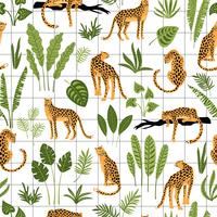 Vestor seamless pattern with leopards and tropical leaves. vector