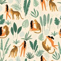 Vector seamless pattern with women, leopards and tropical leaves.