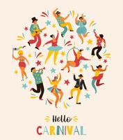 Hello Carnival Vector illustration of funny dancing men and women in bright costumes.