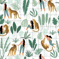 Vector seamless pattern with women, leopards and tropical leaves.