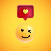 Funny 3D emoticon with 3D speech bubble and a heart, vector illustration