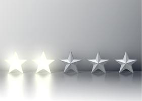 Two-star rating with glowing 3D stars, vector illustration