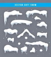 Snow caps, snowballs and snowdrifts set. Snow cap vector collection. Winter decoration element. Snowy elements on winter background. Cartoon template. Snowfall and snowflakes in motion. Illustration.