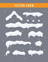 Snow caps, snowballs and snowdrifts set. Snow cap vector collection. Winter decoration element. Snowy elements on winter background. Cartoon template. Snowfall and snowflakes in motion. Illustration.