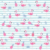 Flamingos with pineapples and tropical leaves on stripes seamless pattern background vector