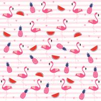 Flamingos with pineapples and watermelons on stripes seamless pattern background vector