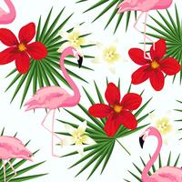 Flamingo and tropic leaves on stripes seamless pattern background