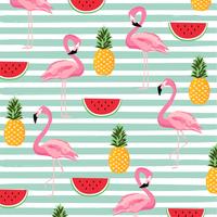 Pineapple, watermelon and flamingo with stripes seamless pattern background vector