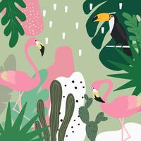 Tropical jungle leaves background with flamingos and toucan