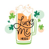 Cute Beer With Clovers Around With Lettering vector