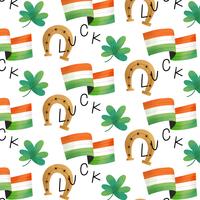 Lindo patrón irlandés con texto de bandera de Irlanda, herradura, trébol y suerte vector