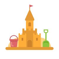 Castillo de arena con juguetes icono plana vector