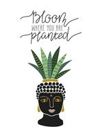 Hand drawn  tropical house plant in the pot with buddha face. Scandinavian style illustration, modern and elegant home decor. 