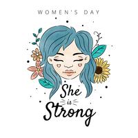 Woman With Blue Hair And Flowers With Leaves Around To Women's Day vector