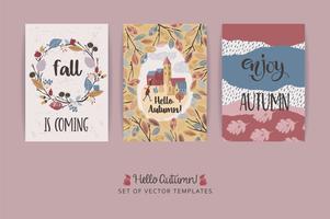 Conjunto de tarjetas de otoño creativas artísticas. Dibujado a mano texturas y letras de pincel. vector