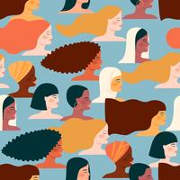International Womens Day. Vector seamless pattern with with women different nationalities and cultures.