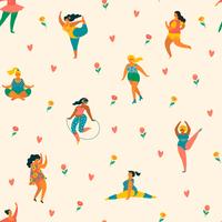 Happy plus size girls and active lifestyle. Vector seamless pattern.