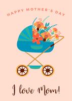 Happy Mothers Day. Vector illustration with baby carriage.