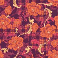 Eclectic fabric plaid seamless pattern with baroque ornament. vector