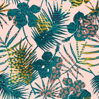 Trendy seamless exotic pattern with palm, animal prints and hand drawn textures. vector