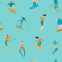 Vector illustration of skiers and snowboarders. Seamless pattern.