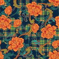 Eclectic fabric plaid seamless pattern with baroque ornament. vector