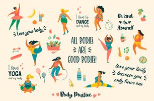 Body positive. Happy plus size girls and active healthy lifestyle. vector