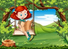 Camping girl reading map on swing vector