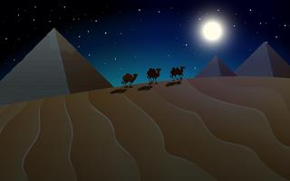 Escena de pirámide y camello en la noche.