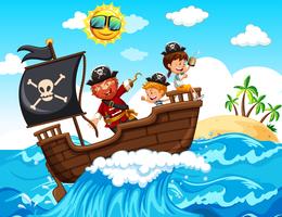 A Pirate and Happy Kids on Boat vector