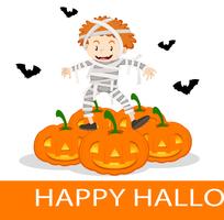 Cartel de feliz halloween con niño disfrazado de momia vector