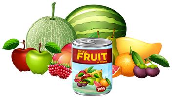 Una lata de fruta mixta y fruta fresca vector